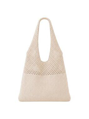 Crochet Mesh Beach Tote Bag, Knit Summer Vacation Aesthetic Boho Tote, Beige